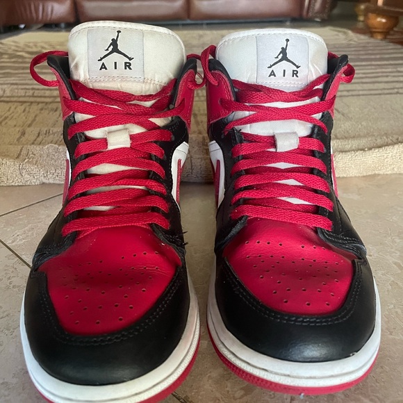 Air Jordan 1 Mid Cut Red and Black Sneakers - Picture 1 of 9